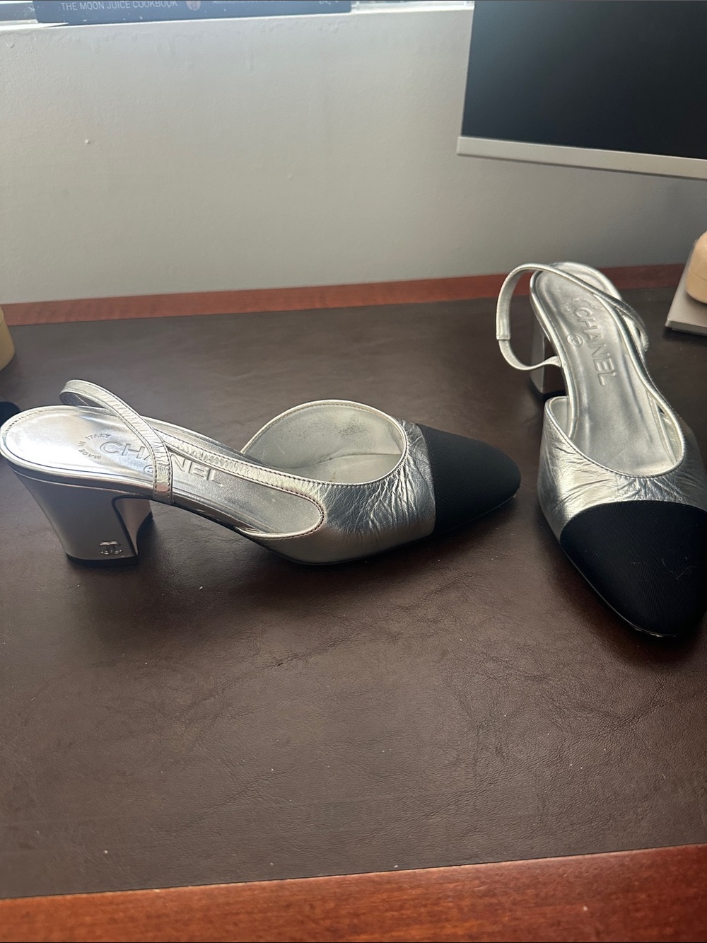CHANEL Silver and Black Slingback Heels